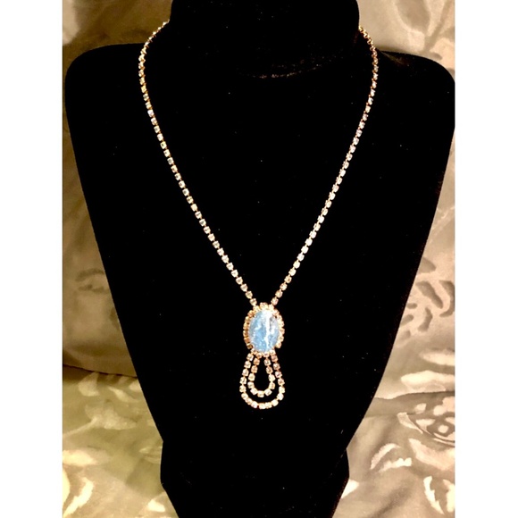 VTG Clear AB Rhinestone and Sky Blue Stone Pendant Necklace~ Occasion Wedding - Picture 4 of 10